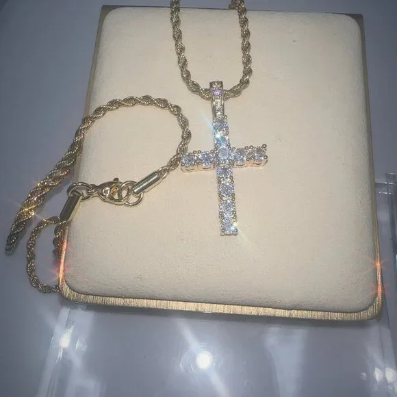 Cubic Zirconia Cross Pendant Necklace Gold Plate Stainless Steel - Picture 6 of 9